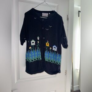 Vintage Embroidered Birdhouse Cardigan | Cottagecore Garden Knit